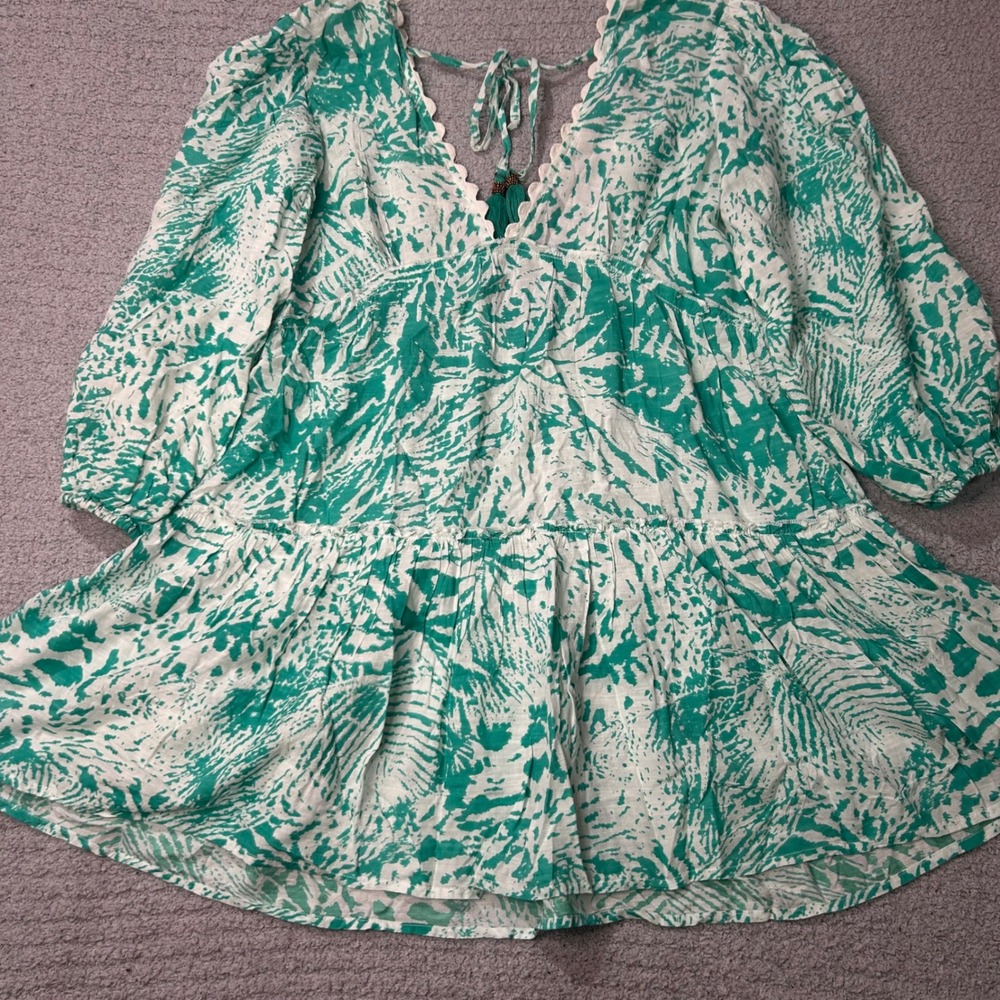 Blue Island Mini Dress‎ Boho Tiered XS Seagreen Tropical Beach Tassel Crochet